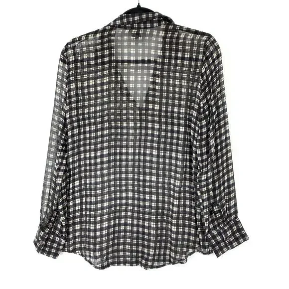 Club Monaco Women's Size S Lightweight Sheer Silk Plaid Button Down Shirt Black - Picture 2 of 6